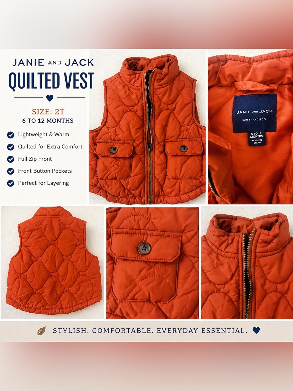 Janie and Jack Quilted Kids Vest - Orange Rust